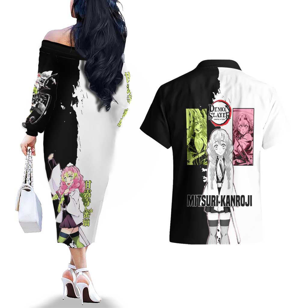 Mitsuri Kanroji from Demon Slayer Couples Matching Off The Shoulder Long Sleeve Dress and Hawaiian Shirt with Black and White Split Background and Energetic Sword Pose Manga Style Design - The Mazicc