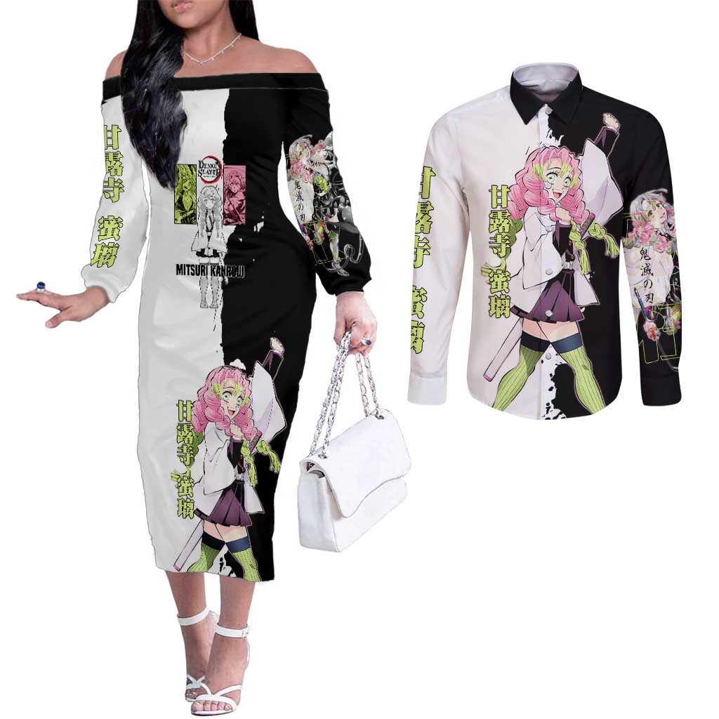 Mitsuri Kanroji from Demon Slayer Couples Matching Off The Shoulder Long Sleeve Dress and Long Sleeve Button Shirt with Black and White Split Background and Energetic Sword Pose Manga Style Design - The Mazicc