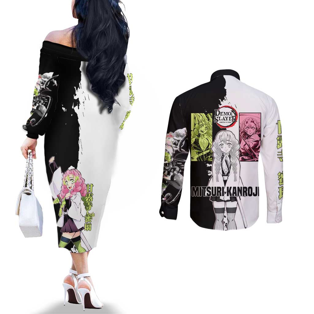 Mitsuri Kanroji from Demon Slayer Couples Matching Off The Shoulder Long Sleeve Dress and Long Sleeve Button Shirt with Black and White Split Background and Energetic Sword Pose Manga Style Design - The Mazicc