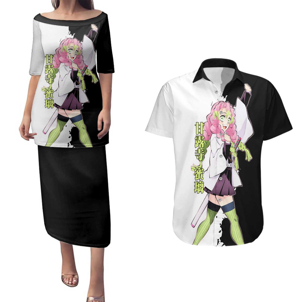 Mitsuri Kanroji from Demon Slayer Couples Matching Puletasi and Hawaiian Shirt with Black and White Split Background and Energetic Sword Pose Manga Style Design - The Mazicc
