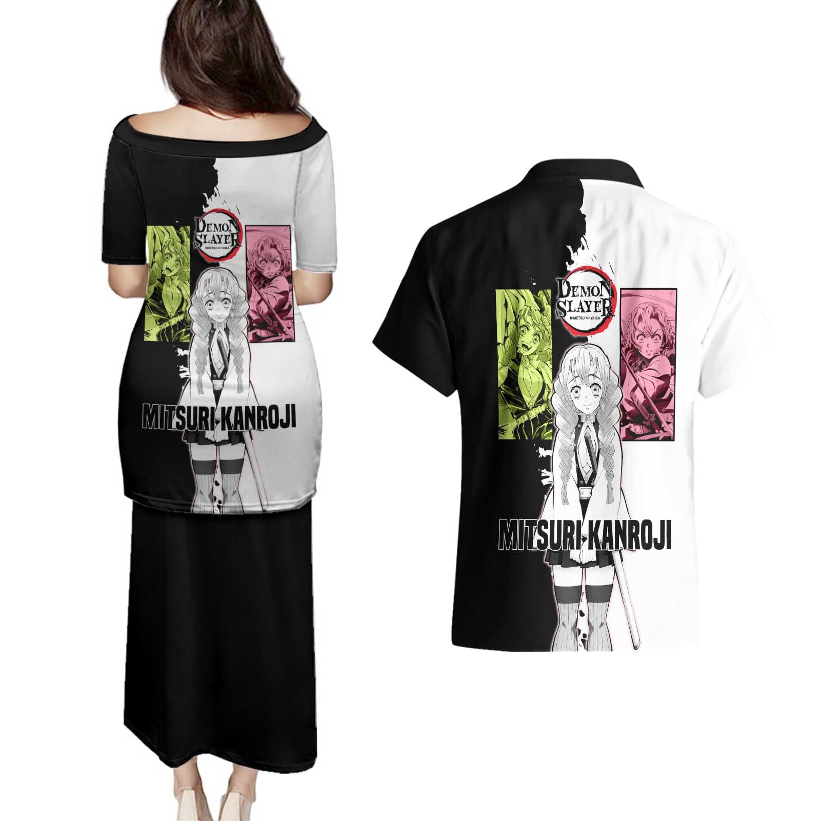 Mitsuri Kanroji from Demon Slayer Couples Matching Puletasi and Hawaiian Shirt with Black and White Split Background and Energetic Sword Pose Manga Style Design - The Mazicc