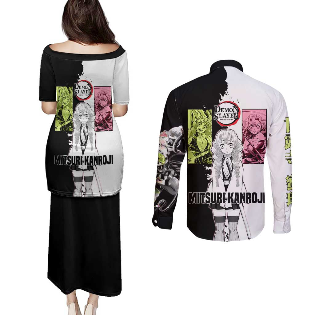 Mitsuri Kanroji from Demon Slayer Couples Matching Puletasi and Long Sleeve Button Shirt with Black and White Split Background and Energetic Sword Pose Manga Style Design - The Mazicc