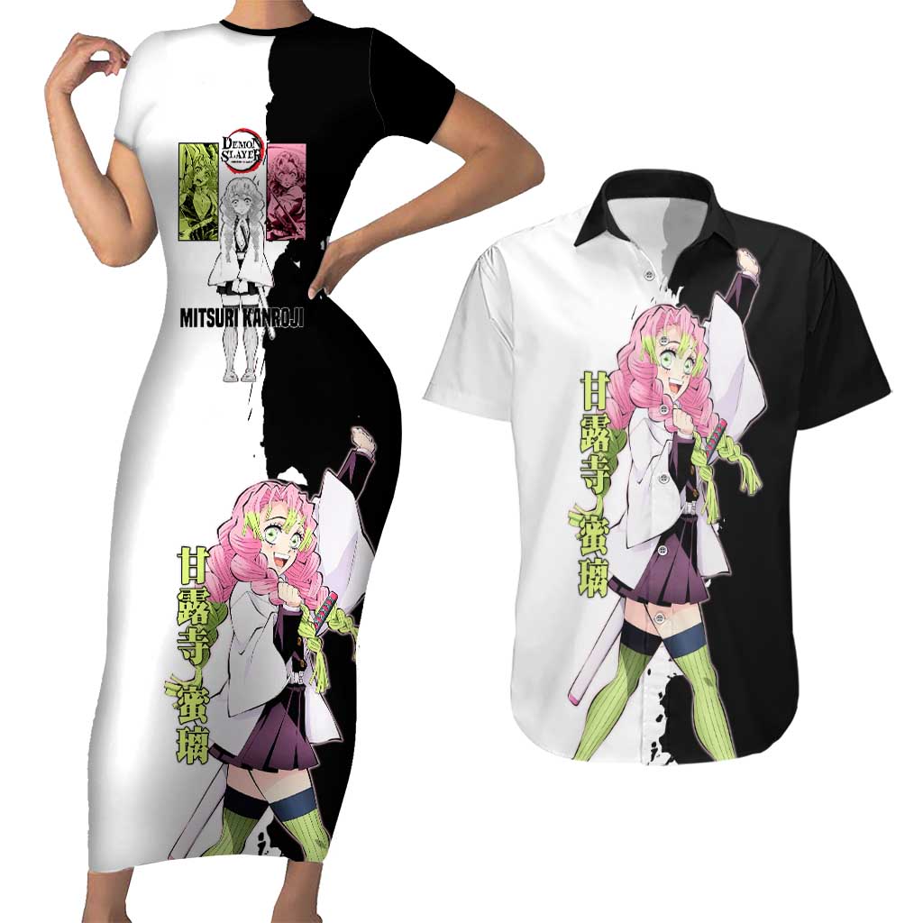 Mitsuri Kanroji from Demon Slayer Couples Matching Short Sleeve Bodycon Dress and Hawaiian Shirt with Black and White Split Background and Energetic Sword Pose Manga Style Design - The Mazicc