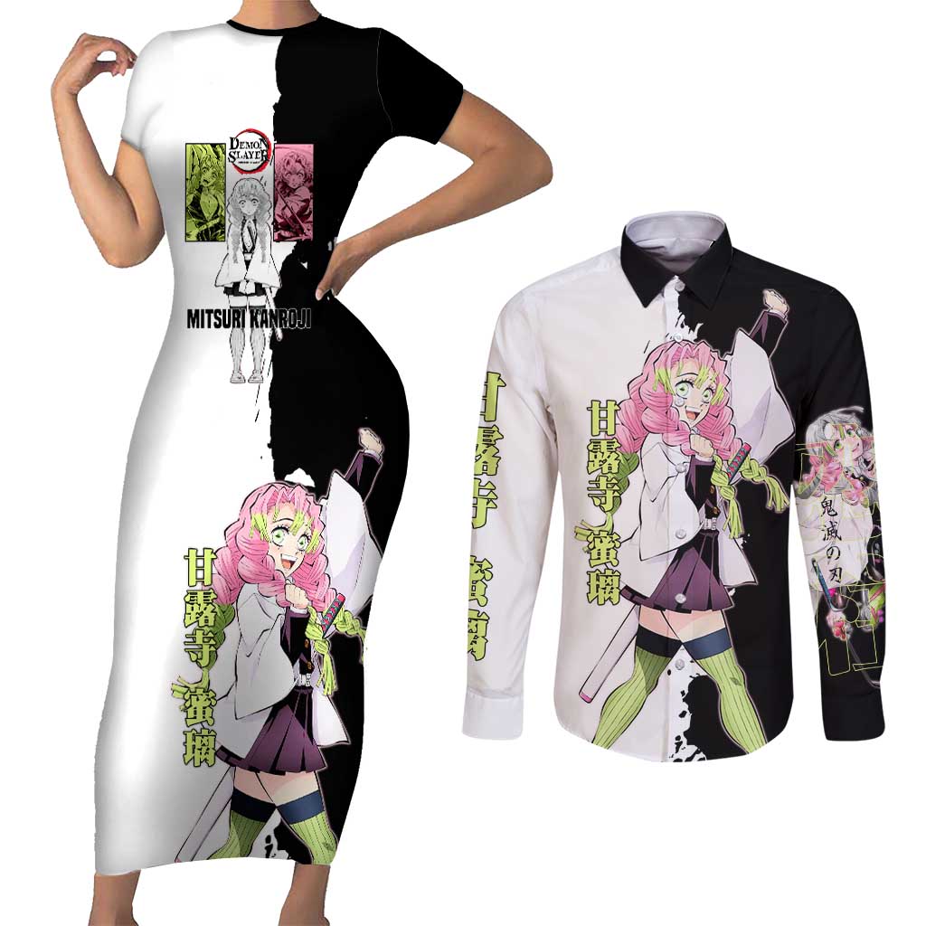 Mitsuri Kanroji from Demon Slayer Couples Matching Short Sleeve Bodycon Dress and Long Sleeve Button Shirt with Black and White Split Background and Energetic Sword Pose Manga Style Design - The Mazicc