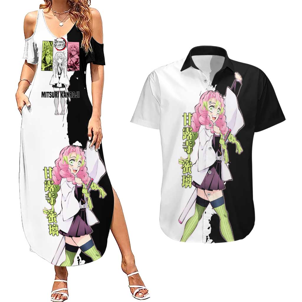 Mitsuri Kanroji from Demon Slayer Couples Matching Summer Maxi Dress and Hawaiian Shirt with Black and White Split Background and Energetic Sword Pose Manga Style Design - The Mazicc