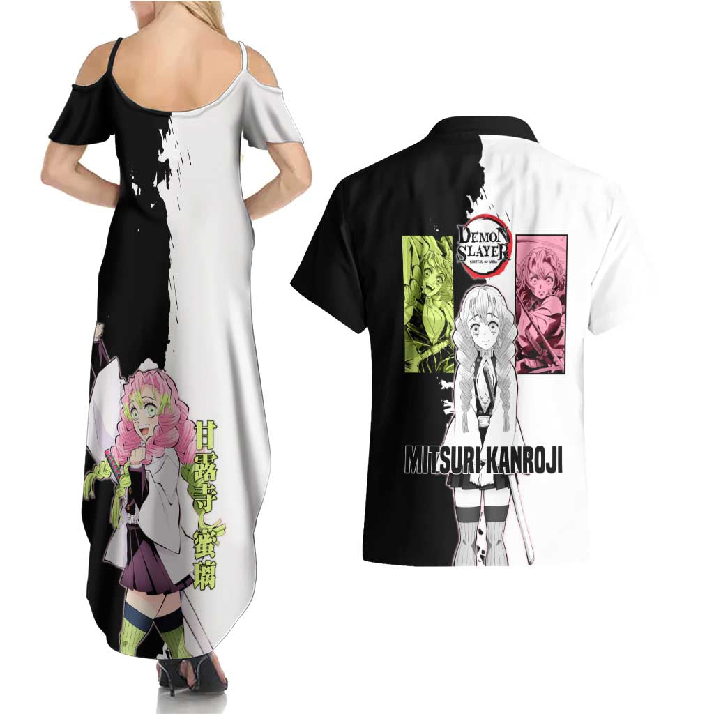 Mitsuri Kanroji from Demon Slayer Couples Matching Summer Maxi Dress and Hawaiian Shirt with Black and White Split Background and Energetic Sword Pose Manga Style Design - The Mazicc