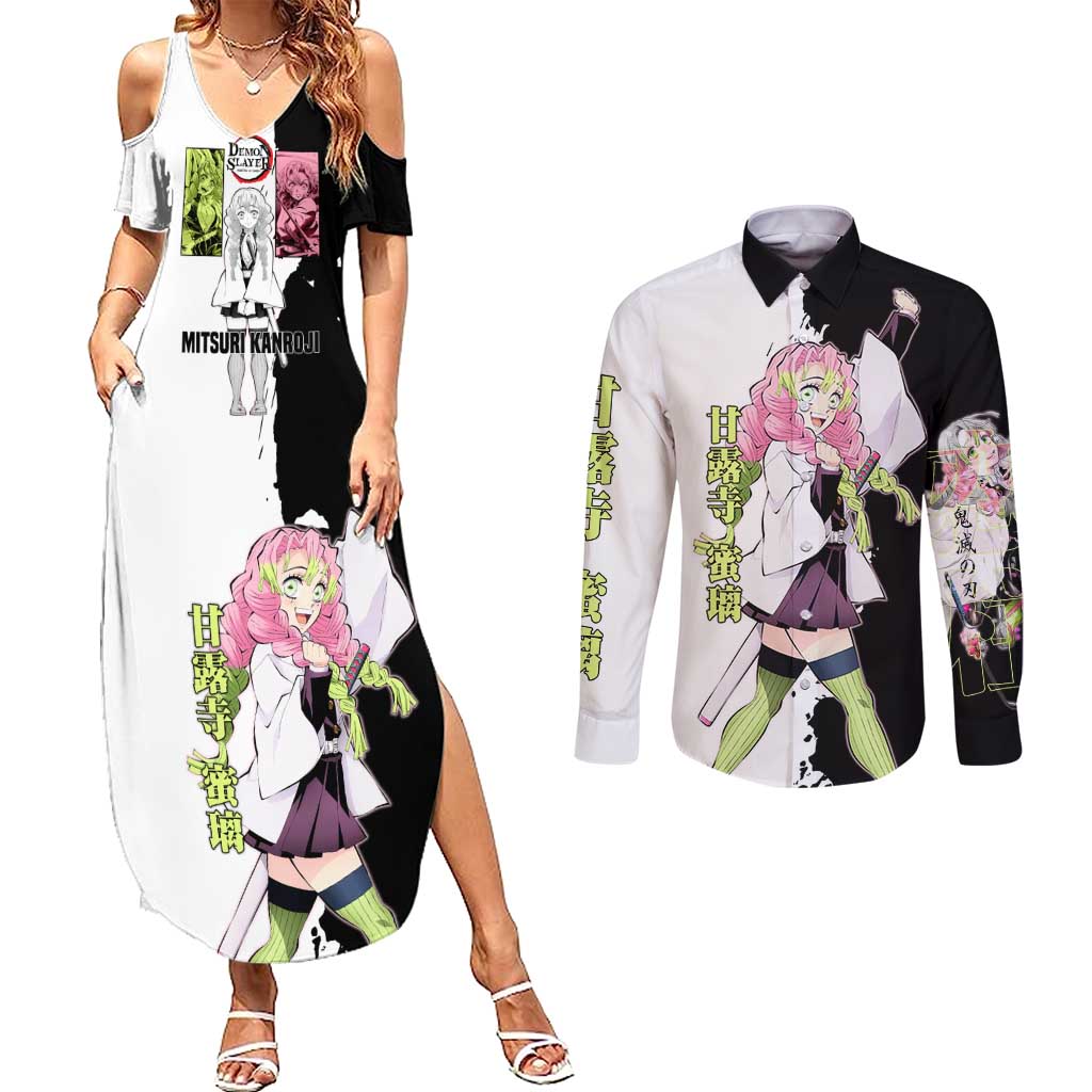 Mitsuri Kanroji from Demon Slayer Couples Matching Summer Maxi Dress and Long Sleeve Button Shirt with Black and White Split Background and Energetic Sword Pose Manga Style Design - The Mazicc