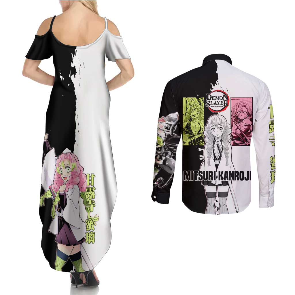 Mitsuri Kanroji from Demon Slayer Couples Matching Summer Maxi Dress and Long Sleeve Button Shirt with Black and White Split Background and Energetic Sword Pose Manga Style Design - The Mazicc