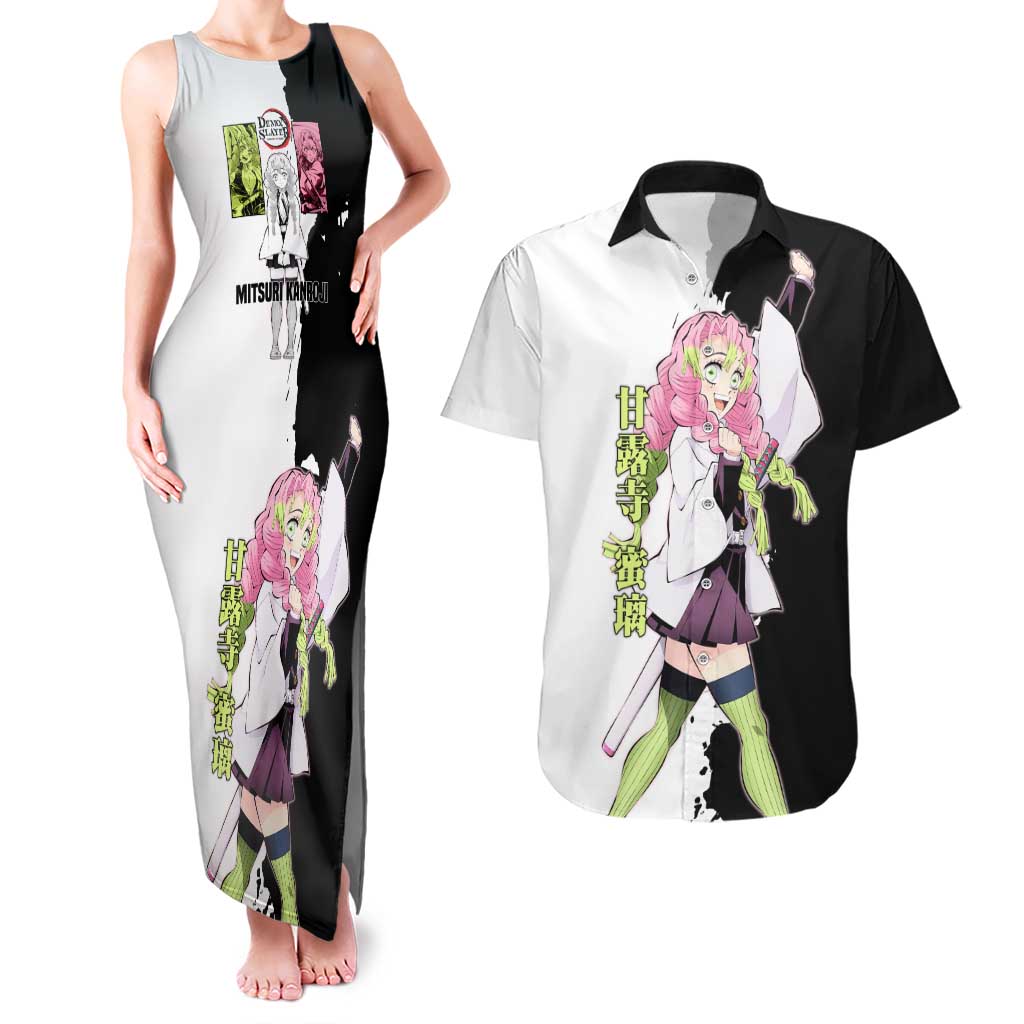 Mitsuri Kanroji from Demon Slayer Couples Matching Tank Maxi Dress and Hawaiian Shirt with Black and White Split Background and Energetic Sword Pose Manga Style Design - The Mazicc