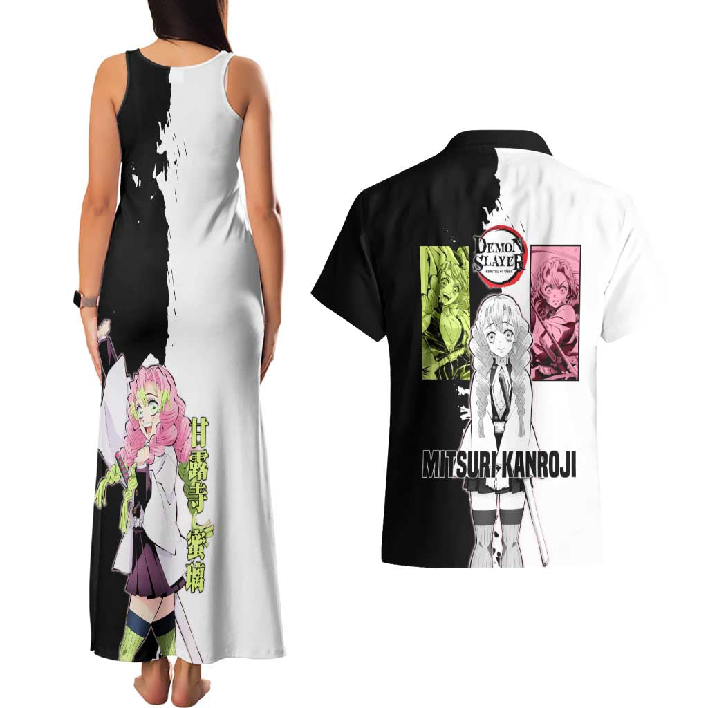 Mitsuri Kanroji from Demon Slayer Couples Matching Tank Maxi Dress and Hawaiian Shirt with Black and White Split Background and Energetic Sword Pose Manga Style Design - The Mazicc