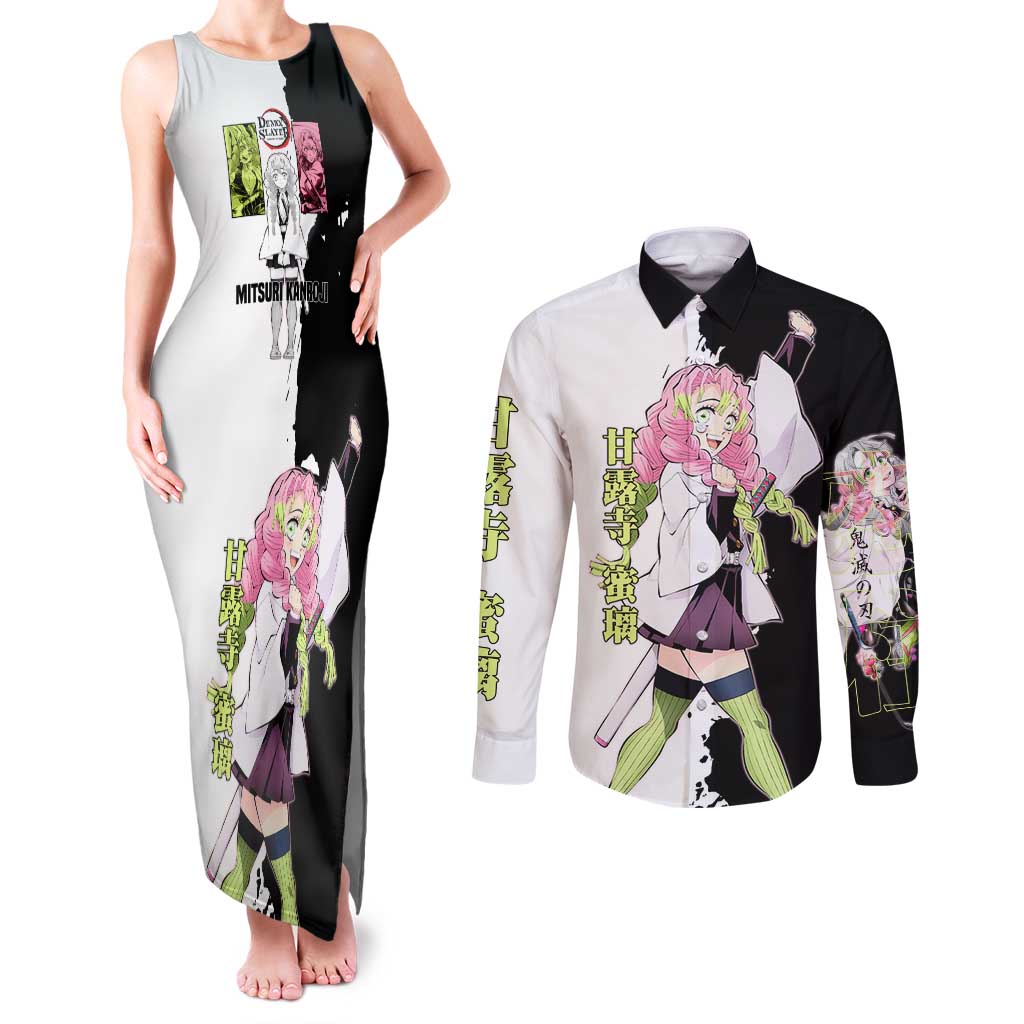 Mitsuri Kanroji from Demon Slayer Couples Matching Tank Maxi Dress and Long Sleeve Button Shirt with Black and White Split Background and Energetic Sword Pose Manga Style Design - The Mazicc