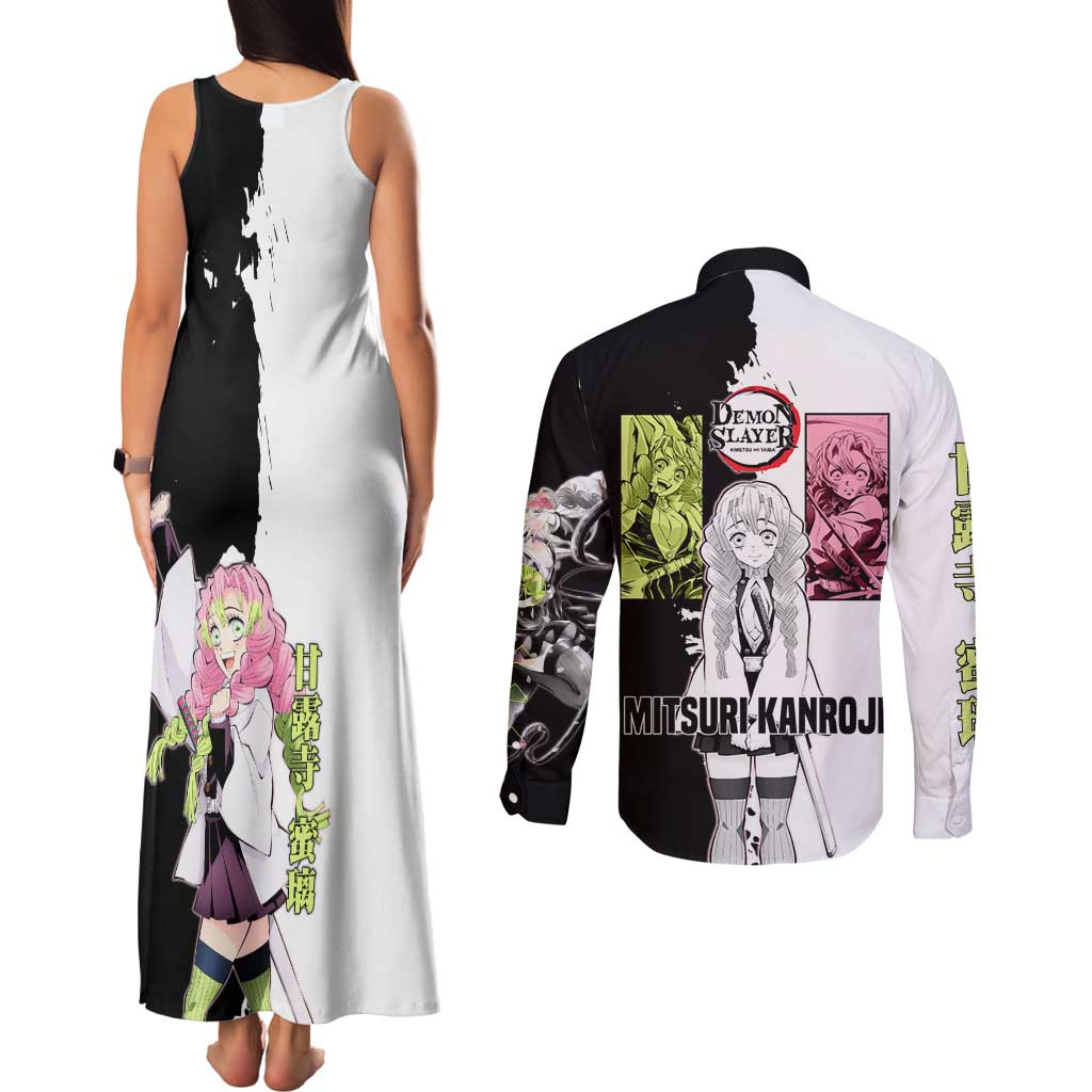 Mitsuri Kanroji from Demon Slayer Couples Matching Tank Maxi Dress and Long Sleeve Button Shirt with Black and White Split Background and Energetic Sword Pose Manga Style Design - The Mazicc