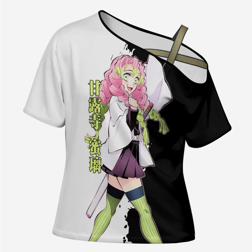 Mitsuri Kanroji from Demon Slayer Cross Shoulder Shirt with Black and White Split Background and Energetic Sword Pose Manga Style Design - The Mazicc