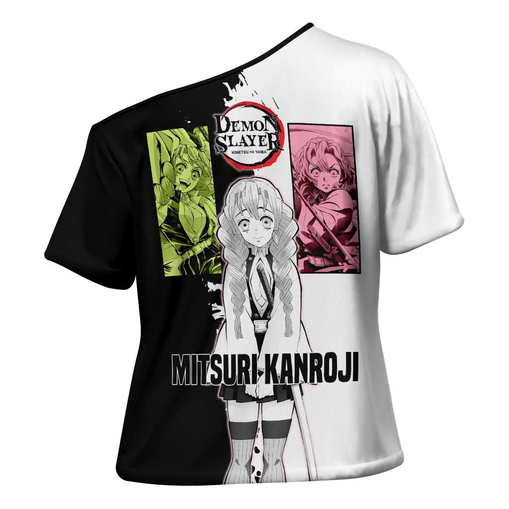 Mitsuri Kanroji from Demon Slayer Cross Shoulder Shirt with Black and White Split Background and Energetic Sword Pose Manga Style Design - The Mazicc