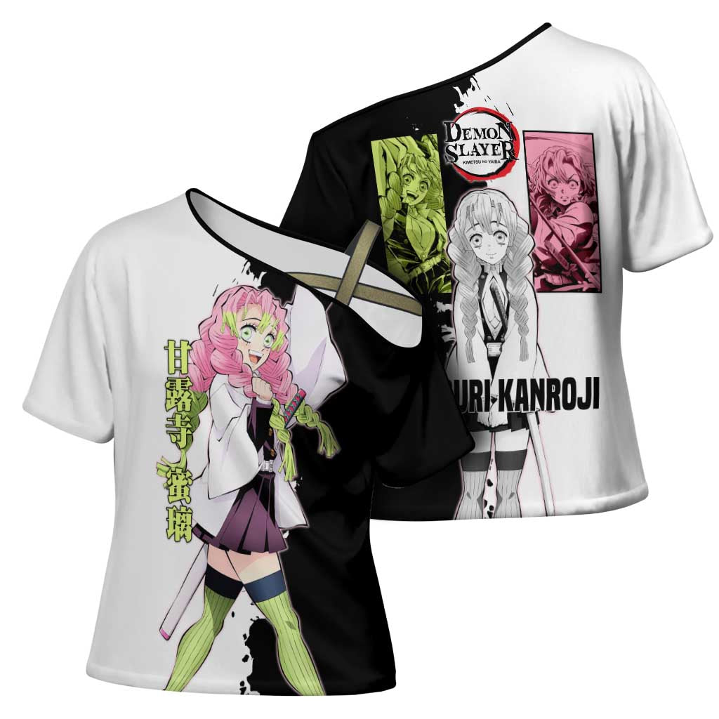 Mitsuri Kanroji from Demon Slayer Cross Shoulder Shirt with Black and White Split Background and Energetic Sword Pose Manga Style Design - The Mazicc