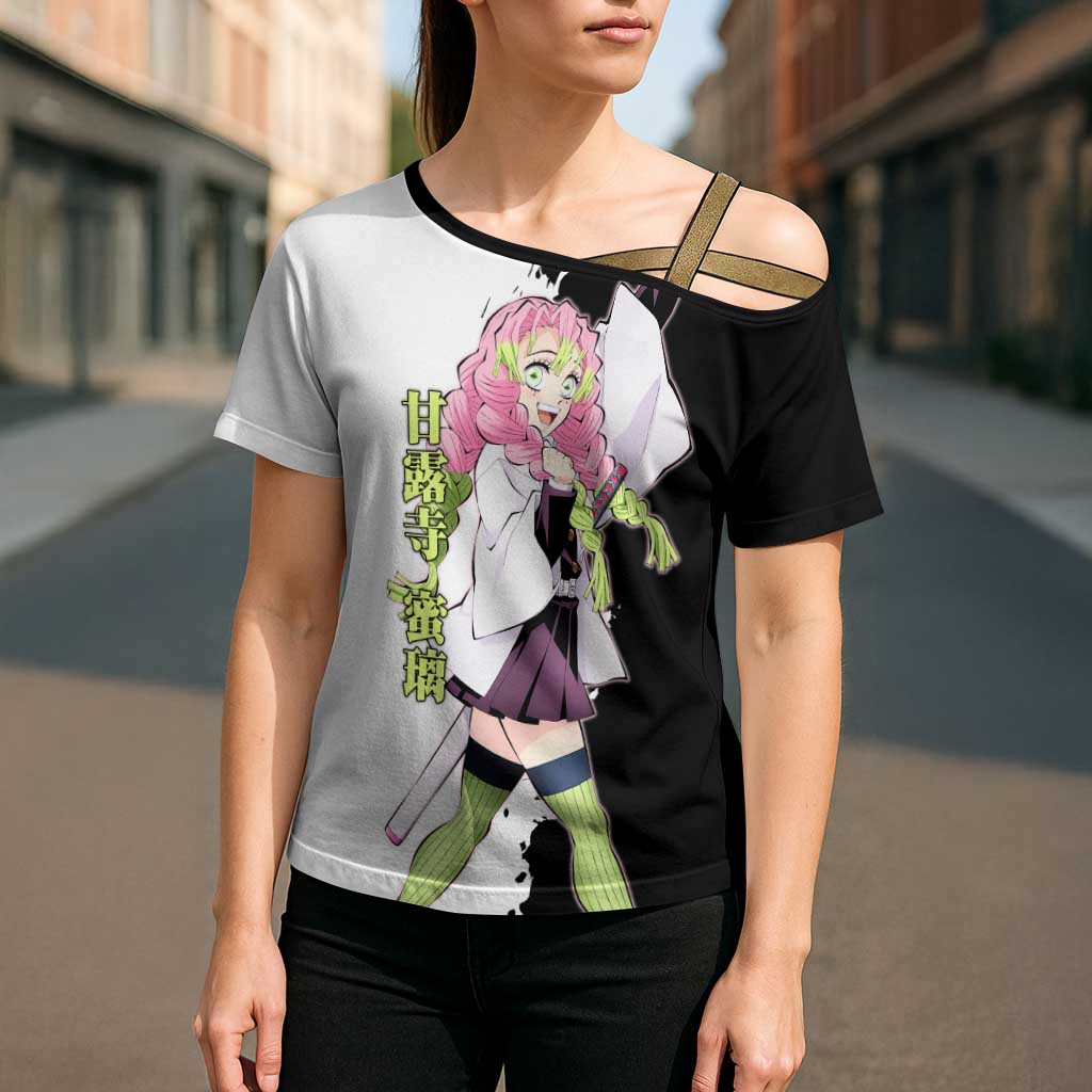 Mitsuri Kanroji from Demon Slayer Cross Shoulder Shirt with Black and White Split Background and Energetic Sword Pose Manga Style Design - The Mazicc