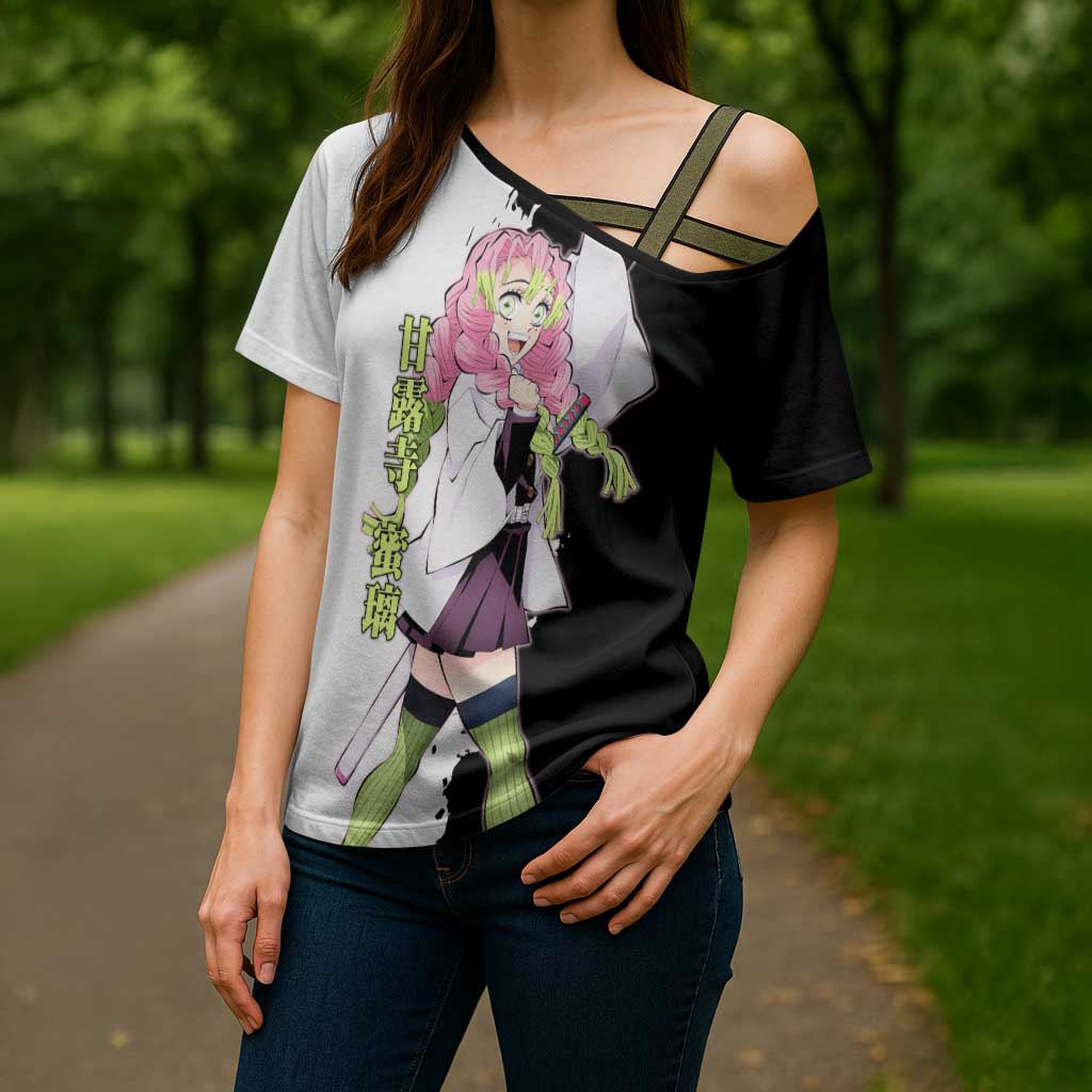 Mitsuri Kanroji from Demon Slayer Cross Shoulder Shirt with Black and White Split Background and Energetic Sword Pose Manga Style Design - The Mazicc