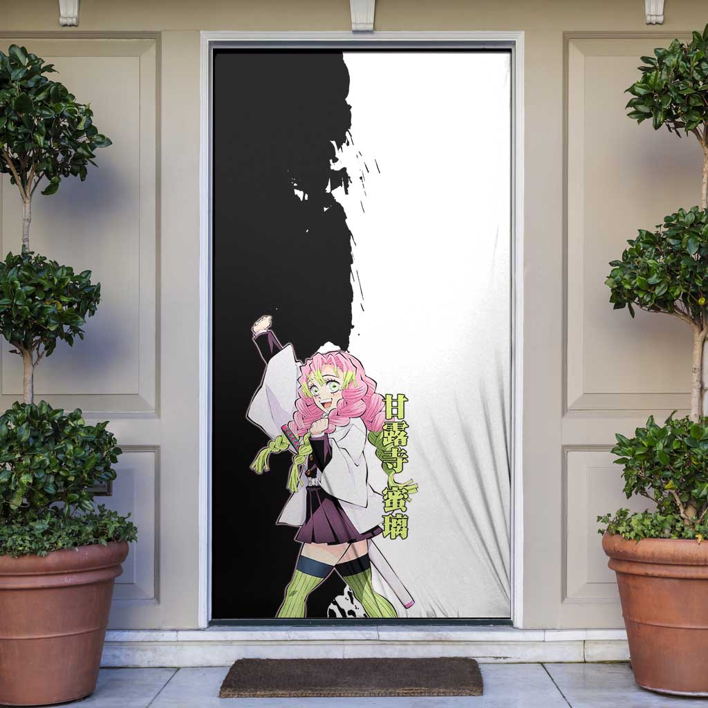 Mitsuri Kanroji from Demon Slayer Door Cover with Black and White Split Background and Energetic Sword Pose Manga Style Design - The Mazicc