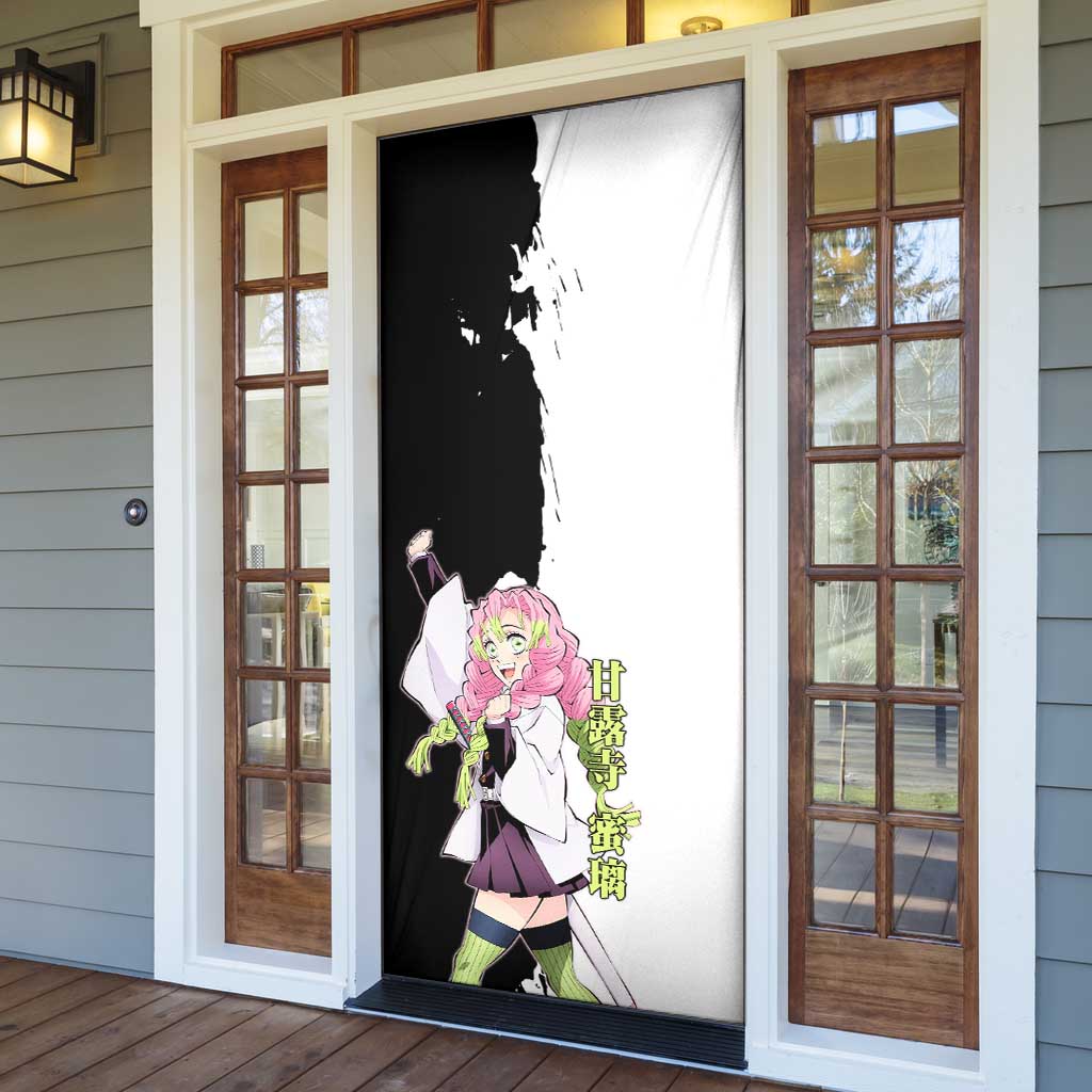 Mitsuri Kanroji from Demon Slayer Door Cover with Black and White Split Background and Energetic Sword Pose Manga Style Design - The Mazicc