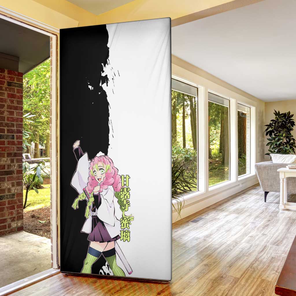 Mitsuri Kanroji from Demon Slayer Door Cover with Black and White Split Background and Energetic Sword Pose Manga Style Design - The Mazicc