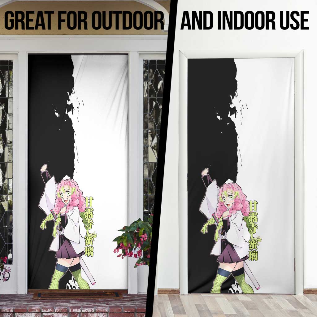 Mitsuri Kanroji from Demon Slayer Door Cover with Black and White Split Background and Energetic Sword Pose Manga Style Design - The Mazicc