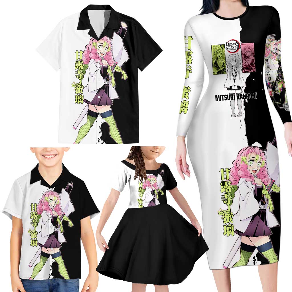 Mitsuri Kanroji from Demon Slayer Family Matching Long Sleeve Bodycon Dress and Hawaiian Shirt with Black and White Split Background and Energetic Sword Pose Manga Style Design - The Mazicc