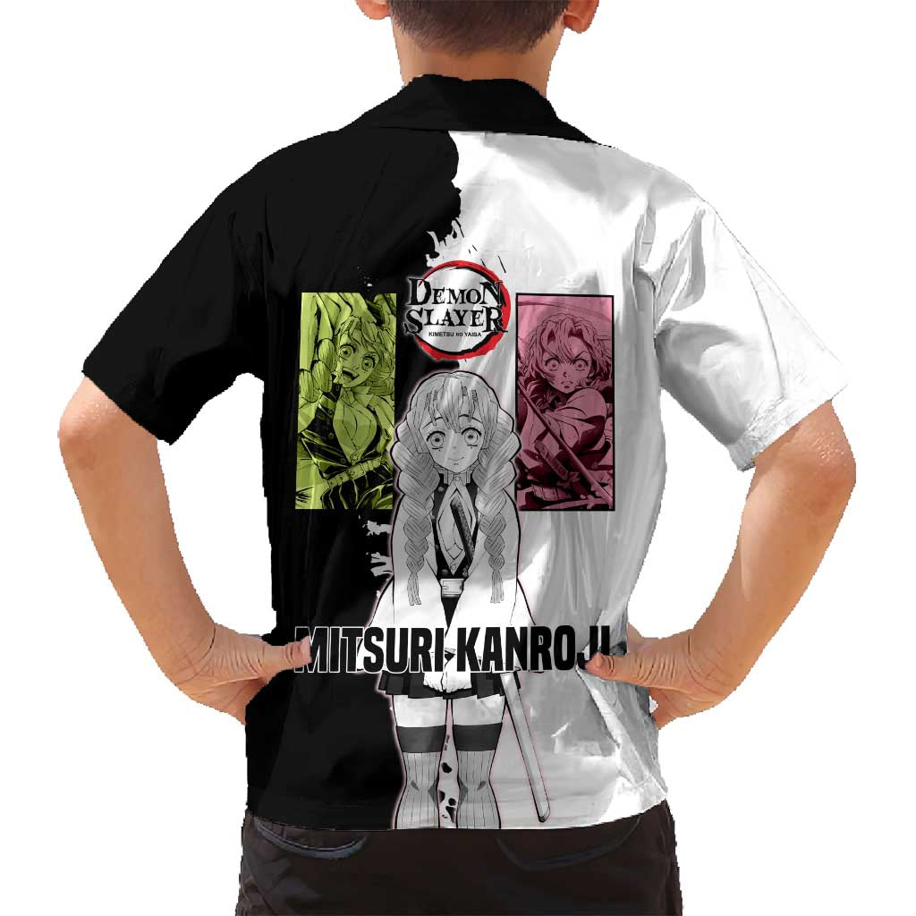 Mitsuri Kanroji from Demon Slayer Family Matching Long Sleeve Bodycon Dress and Hawaiian Shirt with Black and White Split Background and Energetic Sword Pose Manga Style Design - The Mazicc