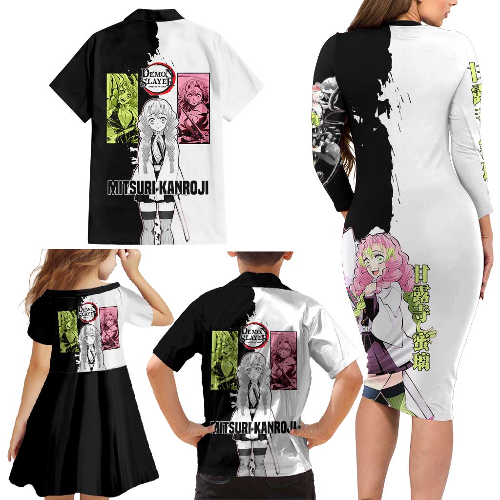 Mitsuri Kanroji from Demon Slayer Family Matching Long Sleeve Bodycon Dress and Hawaiian Shirt with Black and White Split Background and Energetic Sword Pose Manga Style Design - The Mazicc