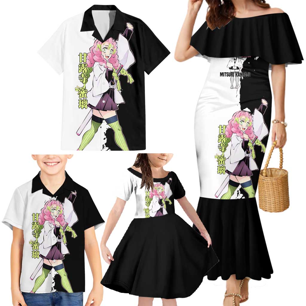 Mitsuri Kanroji from Demon Slayer Family Matching Mermaid Dress and Hawaiian Shirt with Black and White Split Background and Energetic Sword Pose Manga Style Design - The Mazicc