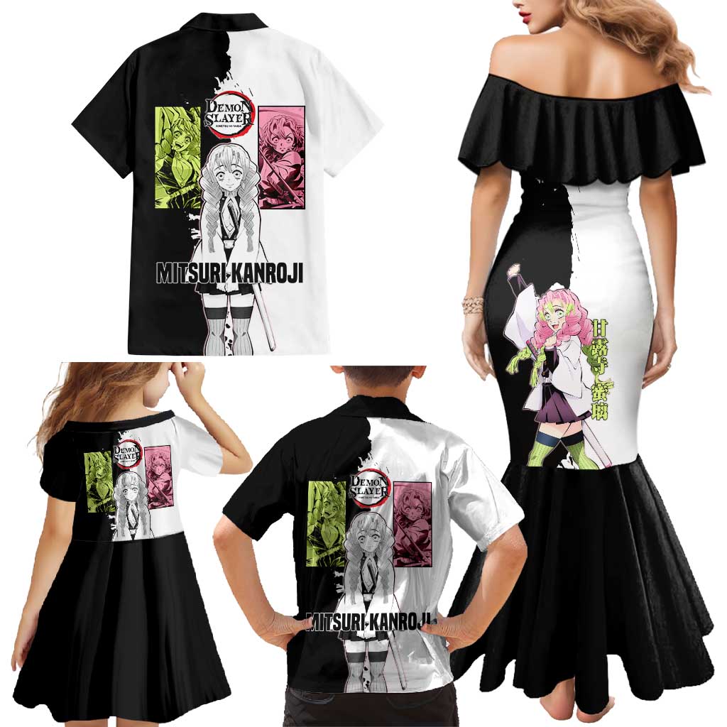 Mitsuri Kanroji from Demon Slayer Family Matching Mermaid Dress and Hawaiian Shirt with Black and White Split Background and Energetic Sword Pose Manga Style Design - The Mazicc