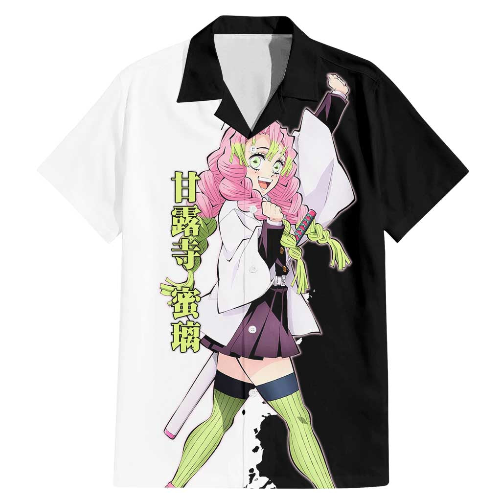 Mitsuri Kanroji from Demon Slayer Family Matching Mermaid Dress and Hawaiian Shirt with Black and White Split Background and Energetic Sword Pose Manga Style Design - The Mazicc