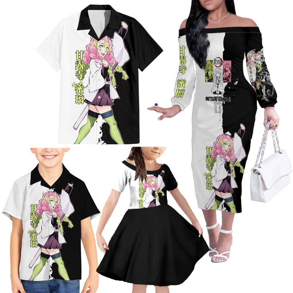 Mitsuri Kanroji from Demon Slayer Family Matching Off The Shoulder Long Sleeve Dress and Hawaiian Shirt with Black and White Split Background and Energetic Sword Pose Manga Style Design - The Mazicc