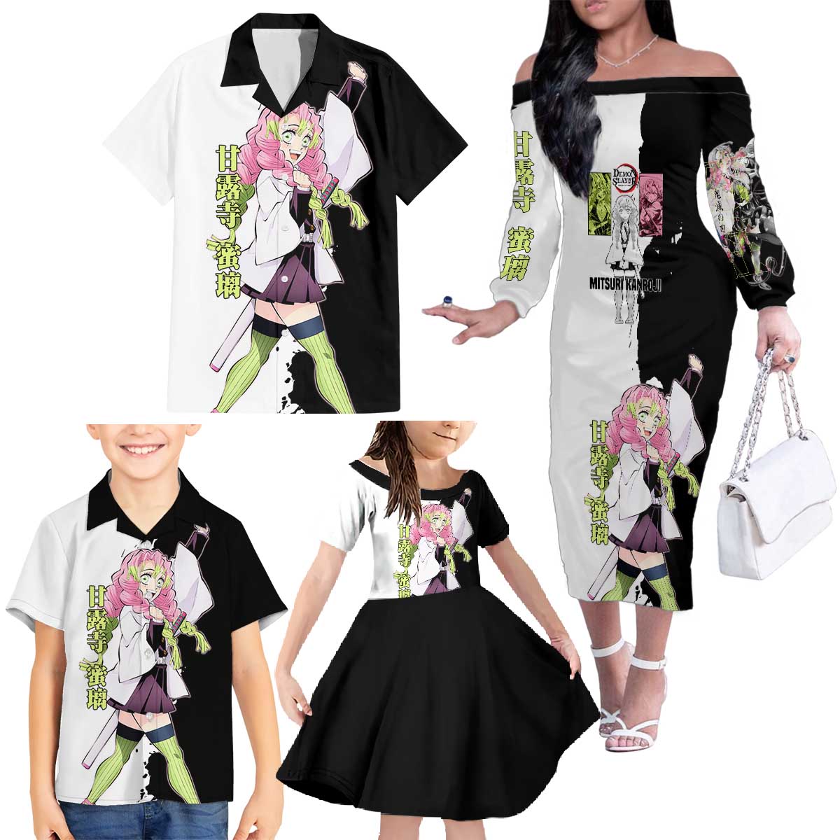Mitsuri Kanroji from Demon Slayer Family Matching Off The Shoulder Long Sleeve Dress and Hawaiian Shirt with Black and White Split Background and Energetic Sword Pose Manga Style Design - The Mazicc