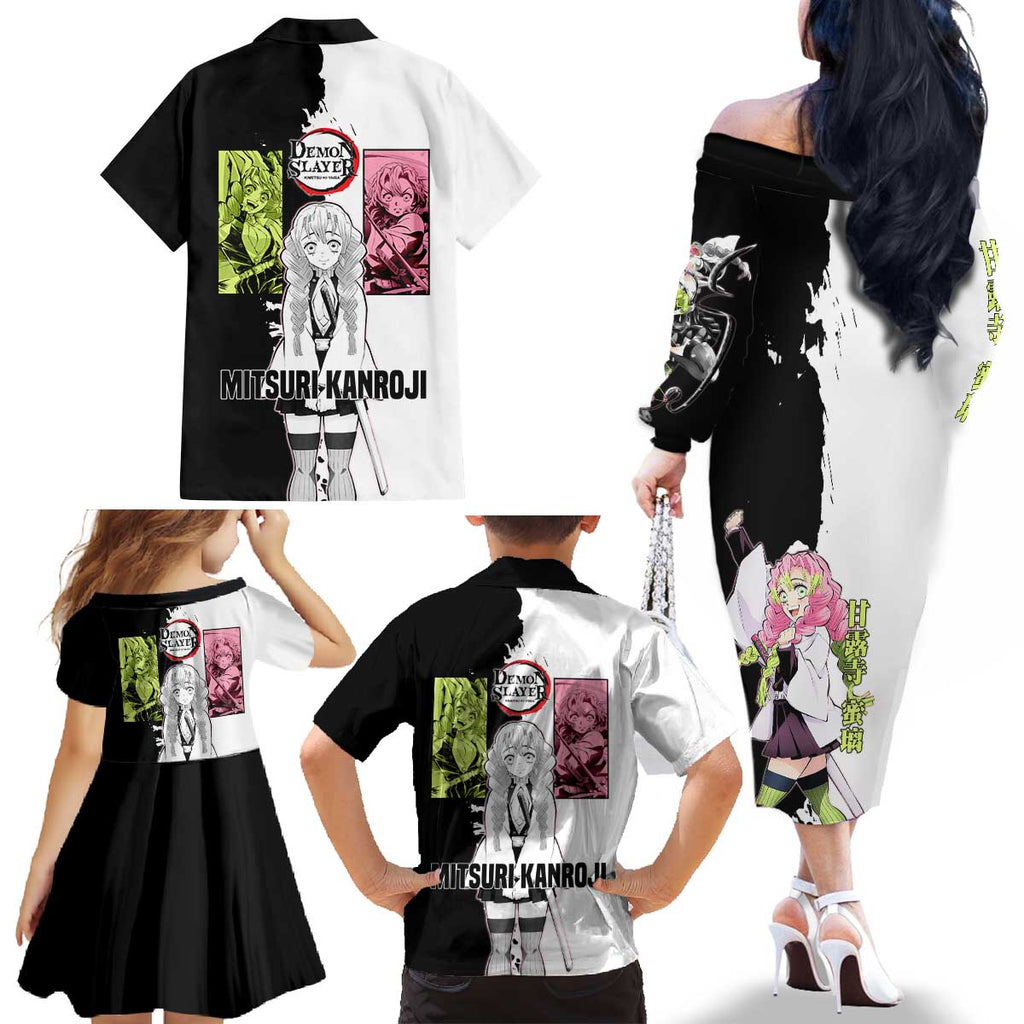 Mitsuri Kanroji from Demon Slayer Family Matching Off The Shoulder Long Sleeve Dress and Hawaiian Shirt with Black and White Split Background and Energetic Sword Pose Manga Style Design - The Mazicc
