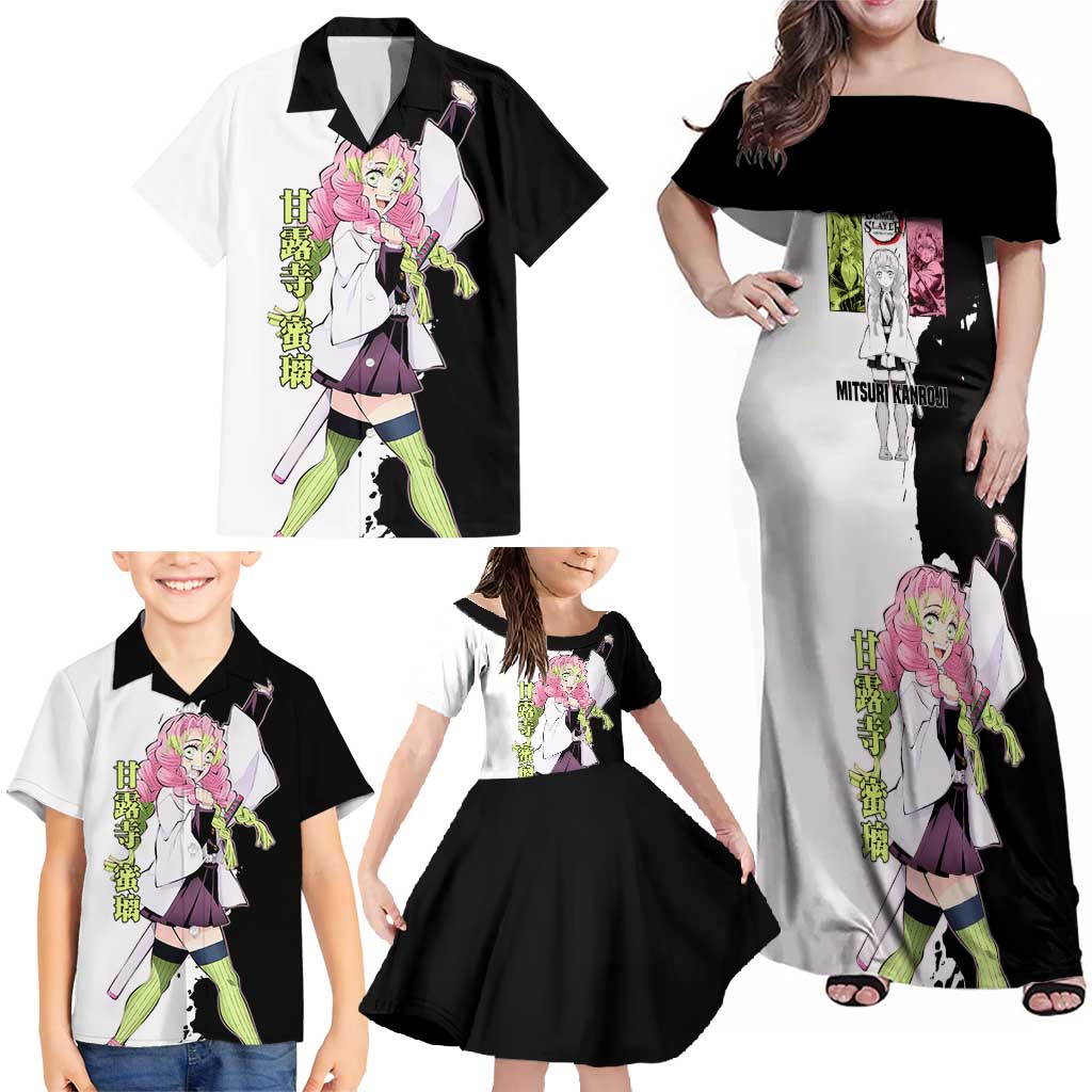 Mitsuri Kanroji from Demon Slayer Family Matching Off Shoulder Maxi Dress and Hawaiian Shirt with Black and White Split Background and Energetic Sword Pose Manga Style Design - The Mazicc