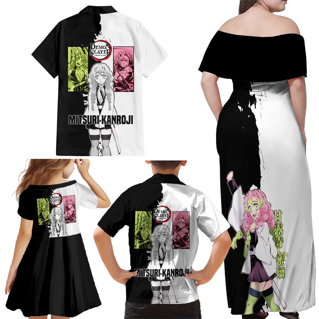 Mitsuri Kanroji from Demon Slayer Family Matching Off Shoulder Maxi Dress and Hawaiian Shirt with Black and White Split Background and Energetic Sword Pose Manga Style Design - The Mazicc