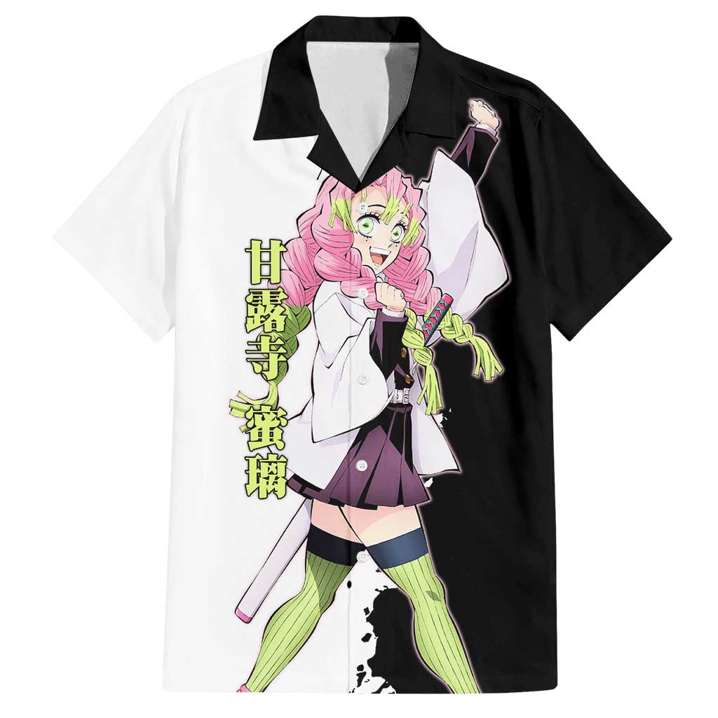 Mitsuri Kanroji from Demon Slayer Family Matching Off Shoulder Maxi Dress and Hawaiian Shirt with Black and White Split Background and Energetic Sword Pose Manga Style Design - The Mazicc
