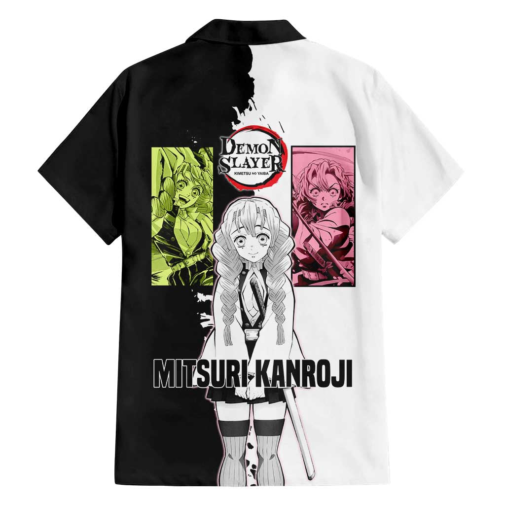 Mitsuri Kanroji from Demon Slayer Family Matching Off Shoulder Maxi Dress and Hawaiian Shirt with Black and White Split Background and Energetic Sword Pose Manga Style Design - The Mazicc