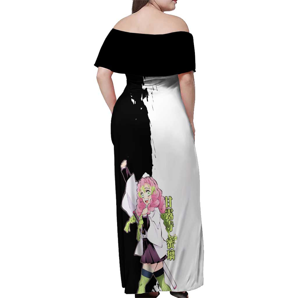 Mitsuri Kanroji from Demon Slayer Family Matching Off Shoulder Maxi Dress and Hawaiian Shirt with Black and White Split Background and Energetic Sword Pose Manga Style Design - The Mazicc