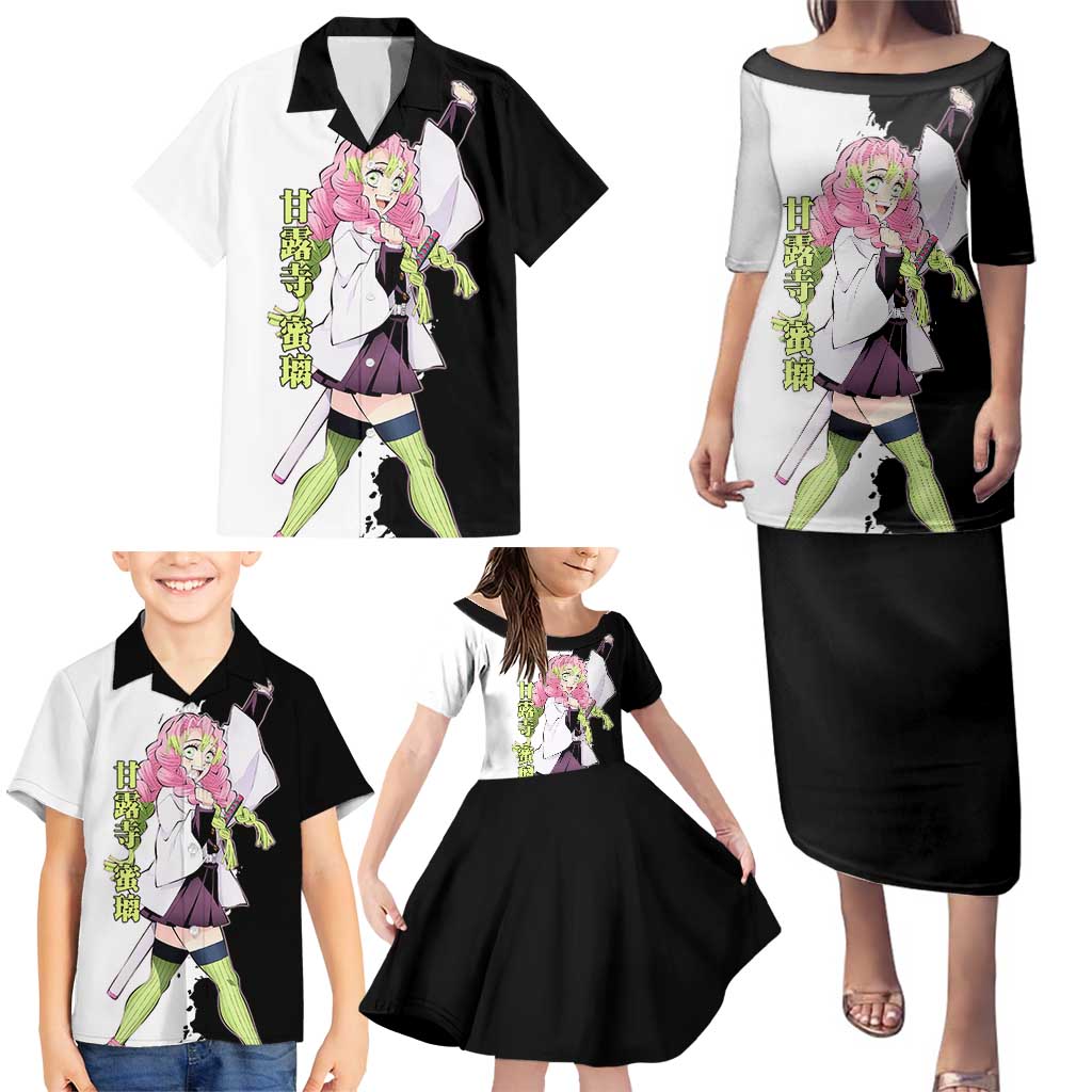 Mitsuri Kanroji from Demon Slayer Family Matching Puletasi and Hawaiian Shirt with Black and White Split Background and Energetic Sword Pose Manga Style Design - The Mazicc