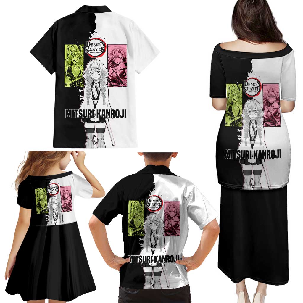 Mitsuri Kanroji from Demon Slayer Family Matching Puletasi and Hawaiian Shirt with Black and White Split Background and Energetic Sword Pose Manga Style Design - The Mazicc