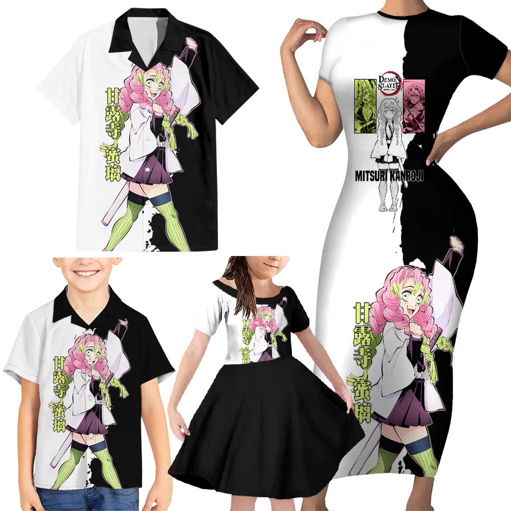 Mitsuri Kanroji from Demon Slayer Family Matching Short Sleeve Bodycon Dress and Hawaiian Shirt with Black and White Split Background and Energetic Sword Pose Manga Style Design - The Mazicc
