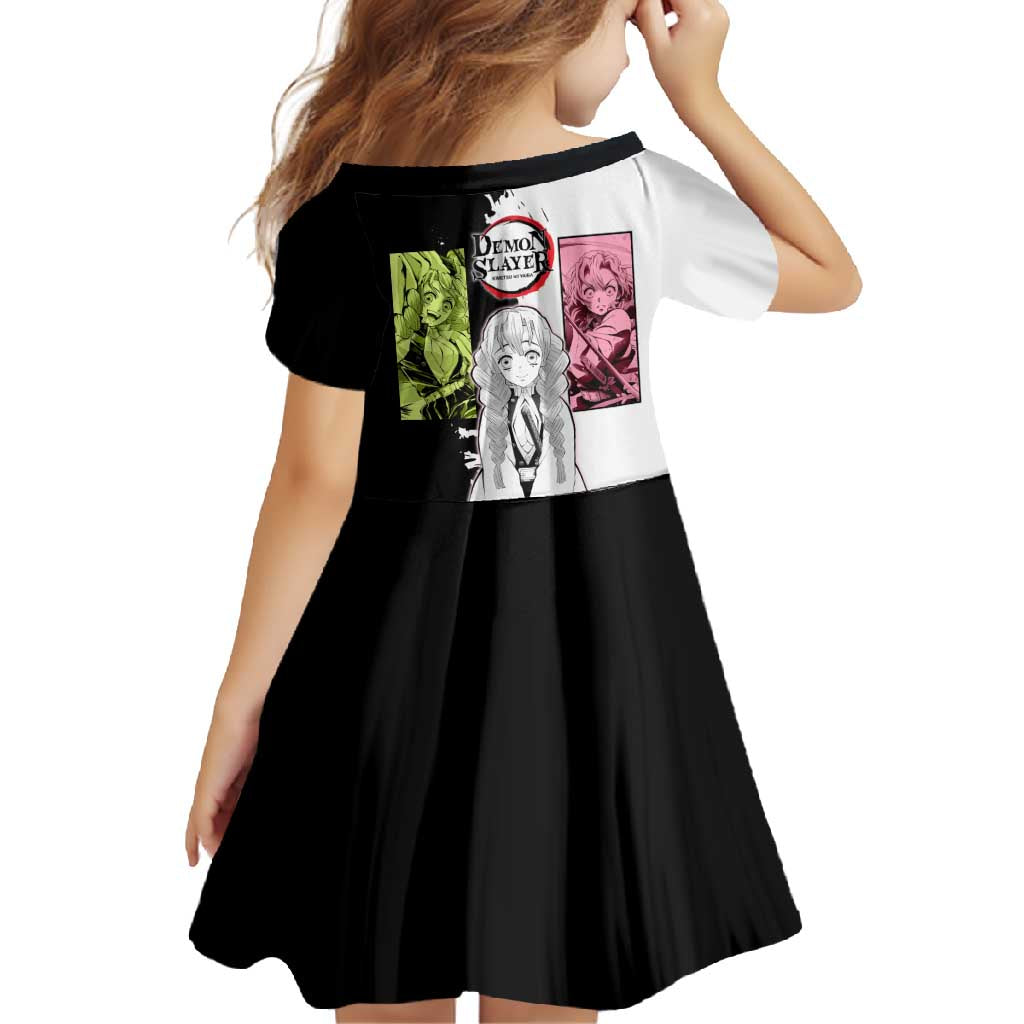 Mitsuri Kanroji from Demon Slayer Family Matching Short Sleeve Bodycon Dress and Hawaiian Shirt with Black and White Split Background and Energetic Sword Pose Manga Style Design - The Mazicc