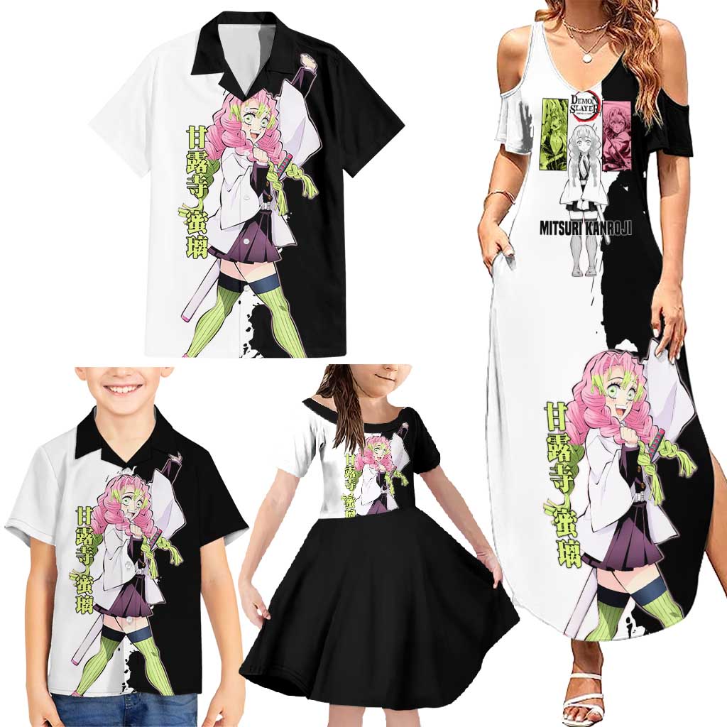 Mitsuri Kanroji from Demon Slayer Family Matching Summer Maxi Dress and Hawaiian Shirt with Black and White Split Background and Energetic Sword Pose Manga Style Design - The Mazicc