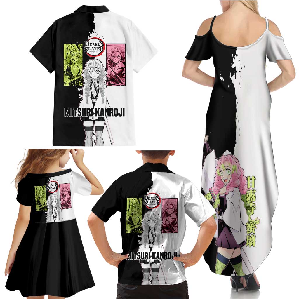 Mitsuri Kanroji from Demon Slayer Family Matching Summer Maxi Dress and Hawaiian Shirt with Black and White Split Background and Energetic Sword Pose Manga Style Design - The Mazicc
