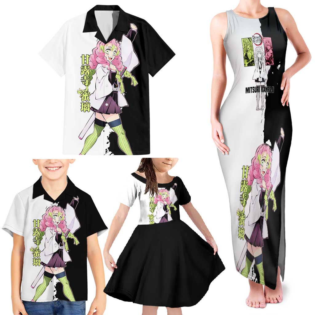Mitsuri Kanroji from Demon Slayer Family Matching Tank Maxi Dress and Hawaiian Shirt with Black and White Split Background and Energetic Sword Pose Manga Style Design - The Mazicc