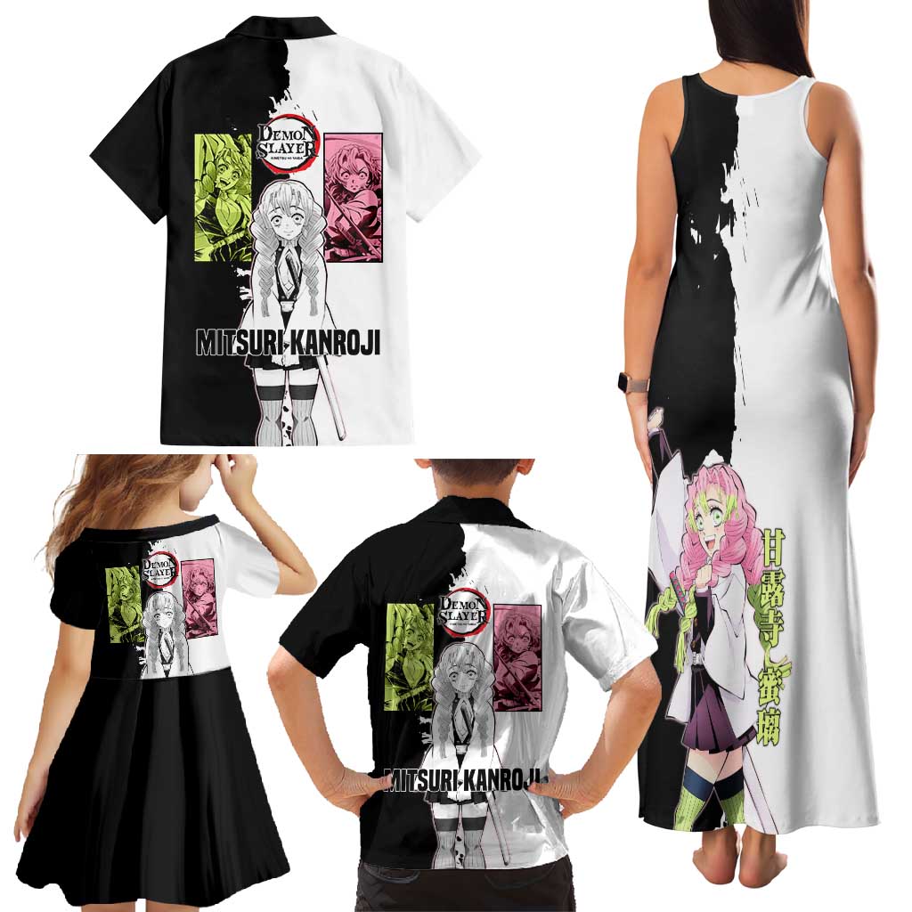 Mitsuri Kanroji from Demon Slayer Family Matching Tank Maxi Dress and Hawaiian Shirt with Black and White Split Background and Energetic Sword Pose Manga Style Design - The Mazicc