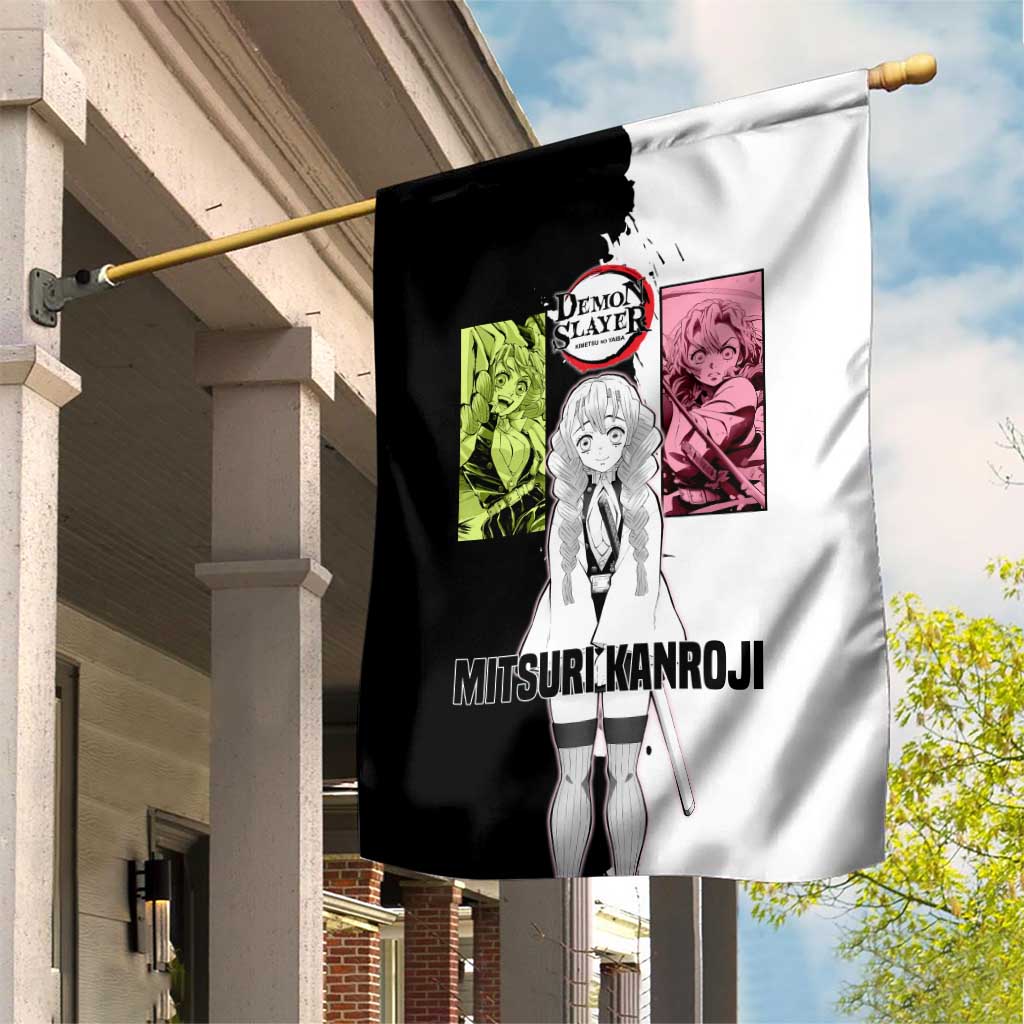Mitsuri Kanroji from Demon Slayer Garden Flag with Black and White Split Background and Energetic Sword Pose Manga Style Design - The Mazicc