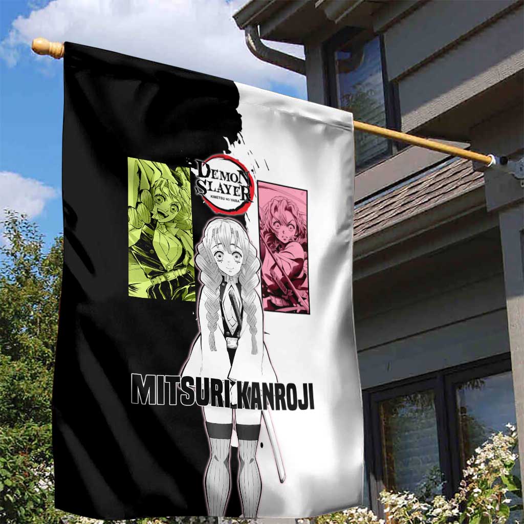 Mitsuri Kanroji from Demon Slayer Garden Flag with Black and White Split Background and Energetic Sword Pose Manga Style Design - The Mazicc