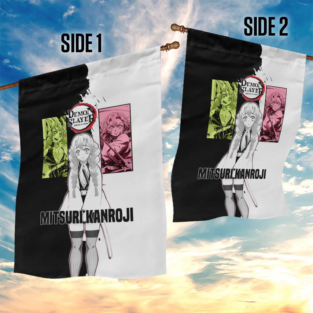 Mitsuri Kanroji from Demon Slayer Garden Flag with Black and White Split Background and Energetic Sword Pose Manga Style Design - The Mazicc